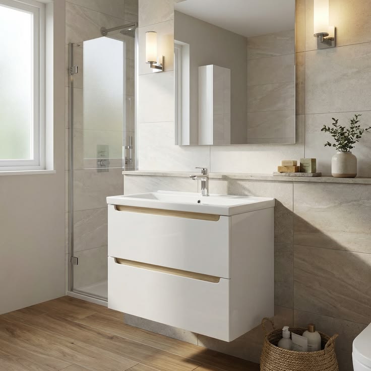 Salle de bains claire avec meuble suspendu blanc, vasque céramique et faïence effet pierre