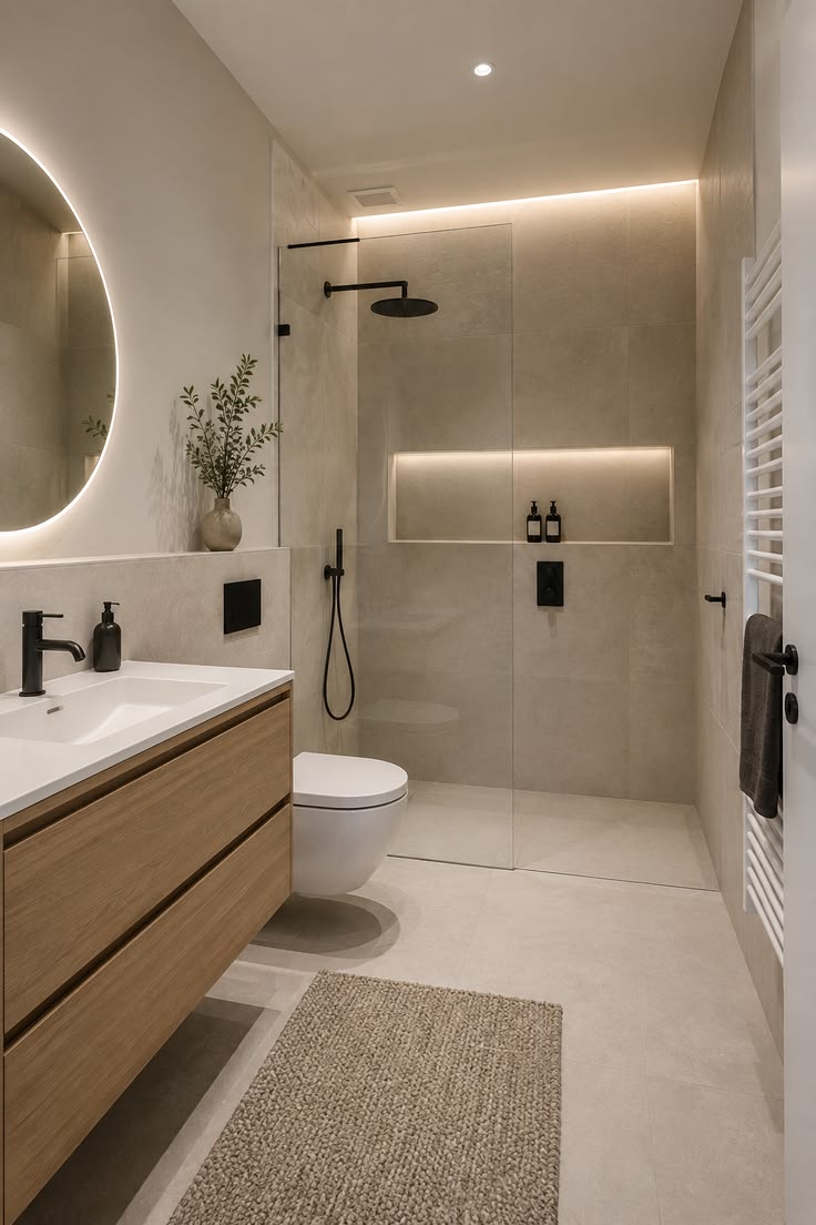 Salle de bains beige avec douche à l'italienne, niche éclairée, meuble bois suspendu et miroir rétroéclairé